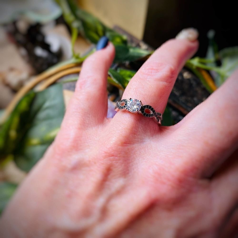 Black Onyx Infinity Cubic Zirconia Solitaire Sterling Silver Ring Sizes 7 & 9